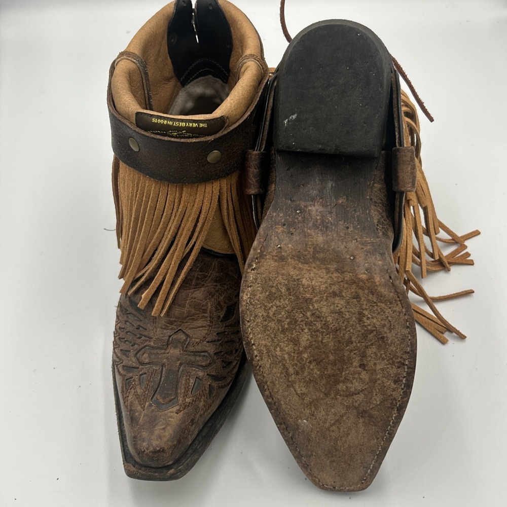JB Dillion Snip Toe Cross Inlay Fringe Cowgirl Brown Leather Lace Up Western 9B - Picture 9 of 12